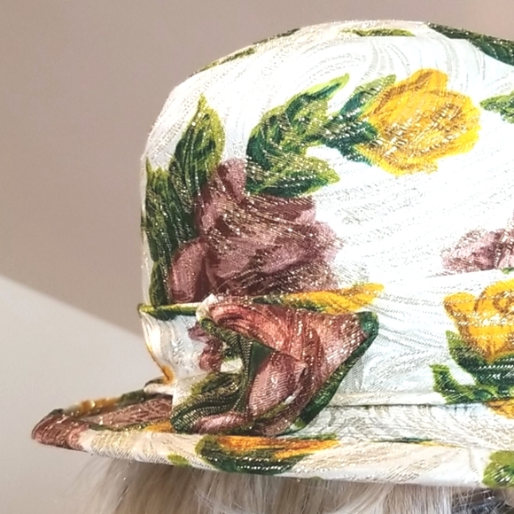 60's Vtg Union Made Cream Floral Shabby Lurex Quirky Spring Garden Church Hat - Picture 5 of 16